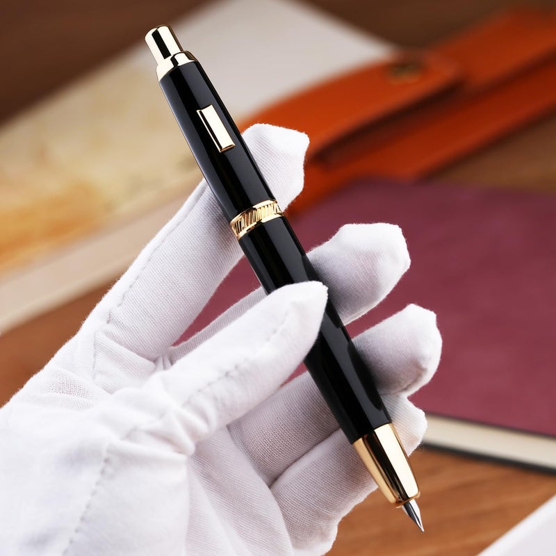 erofa Majohn A1 Press Fountain Pen Fine Nib with Converter, Retractable Black Golden Writing Set (No Clip Version) - Image 3